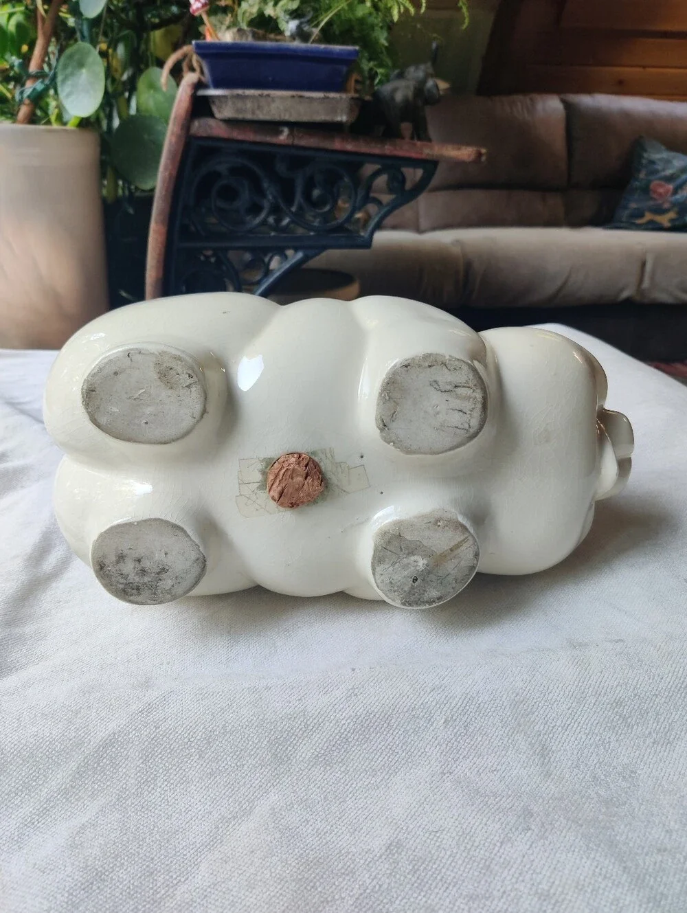 50s Large Piggy Bank Smiley Eyelashes Ribbon Lucky Shamrocks Clover Kitsch 7x13